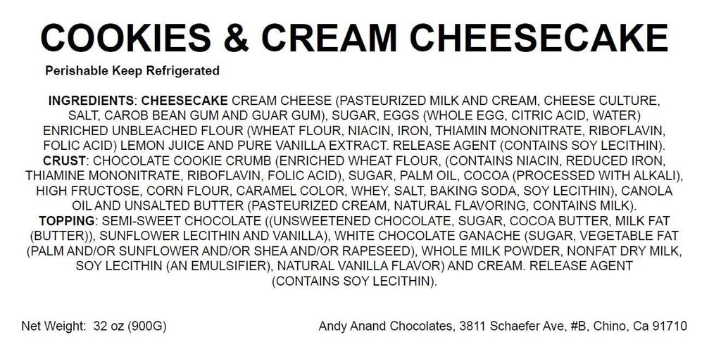 Andy Anand Cookies & Cream Cheesecake, 9 - Inch, 2 lb – Hand - Baked NY - Style, Real California Cream Cheese, No Preservatives, Birthday Gift