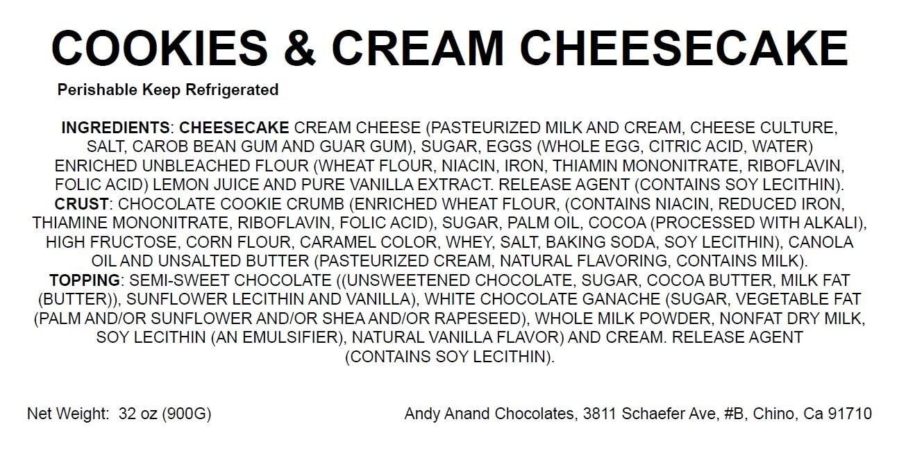 Andy Anand Cookies & Cream Cheesecake, 9 - Inch, 2 lb – Hand - Baked NY - Style, Real California Cream Cheese, No Preservatives, Birthday Gift