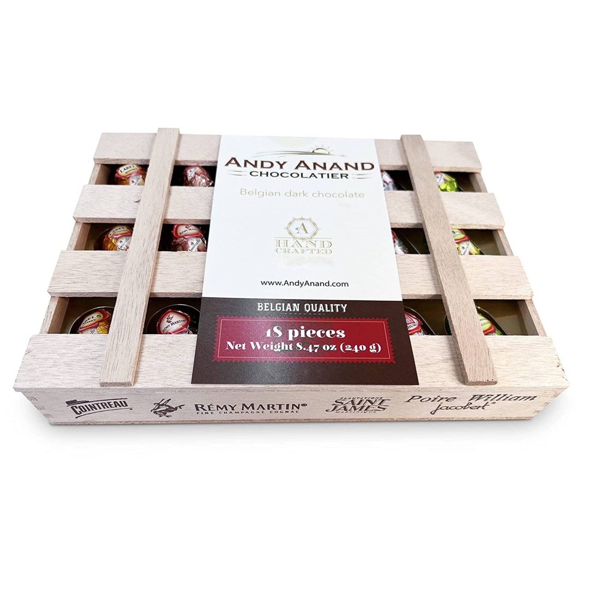 Andy Anand European Dark Chocolate Bottles with Non - Alcoholic Cordials, 18 pc, 8.74 oz – Wooden Gift Box, Birthday & Holiday Gourmet Gift