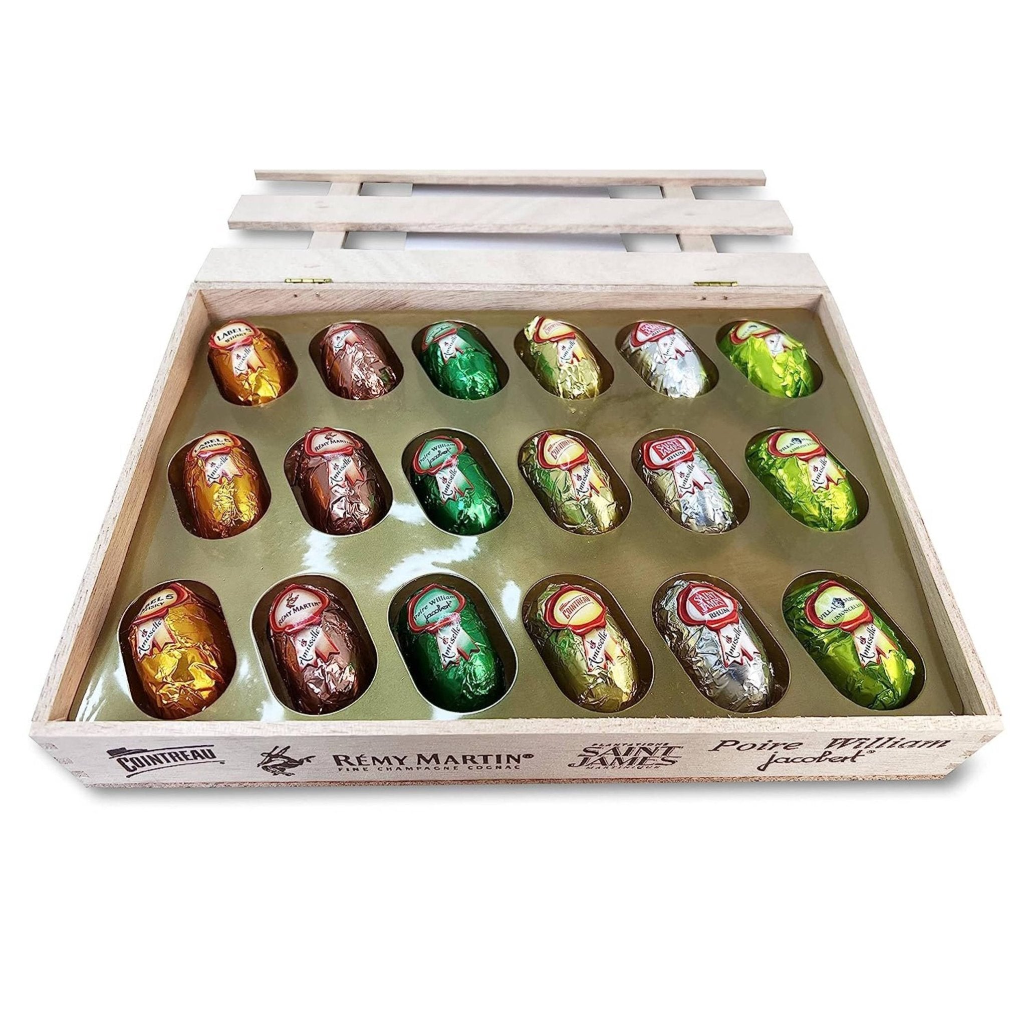 Andy Anand European Dark Chocolate Bottles with Non - Alcoholic Cordials, 18 pc, 8.74 oz – Wooden Gift Box, Birthday & Holiday Gourmet Gift
