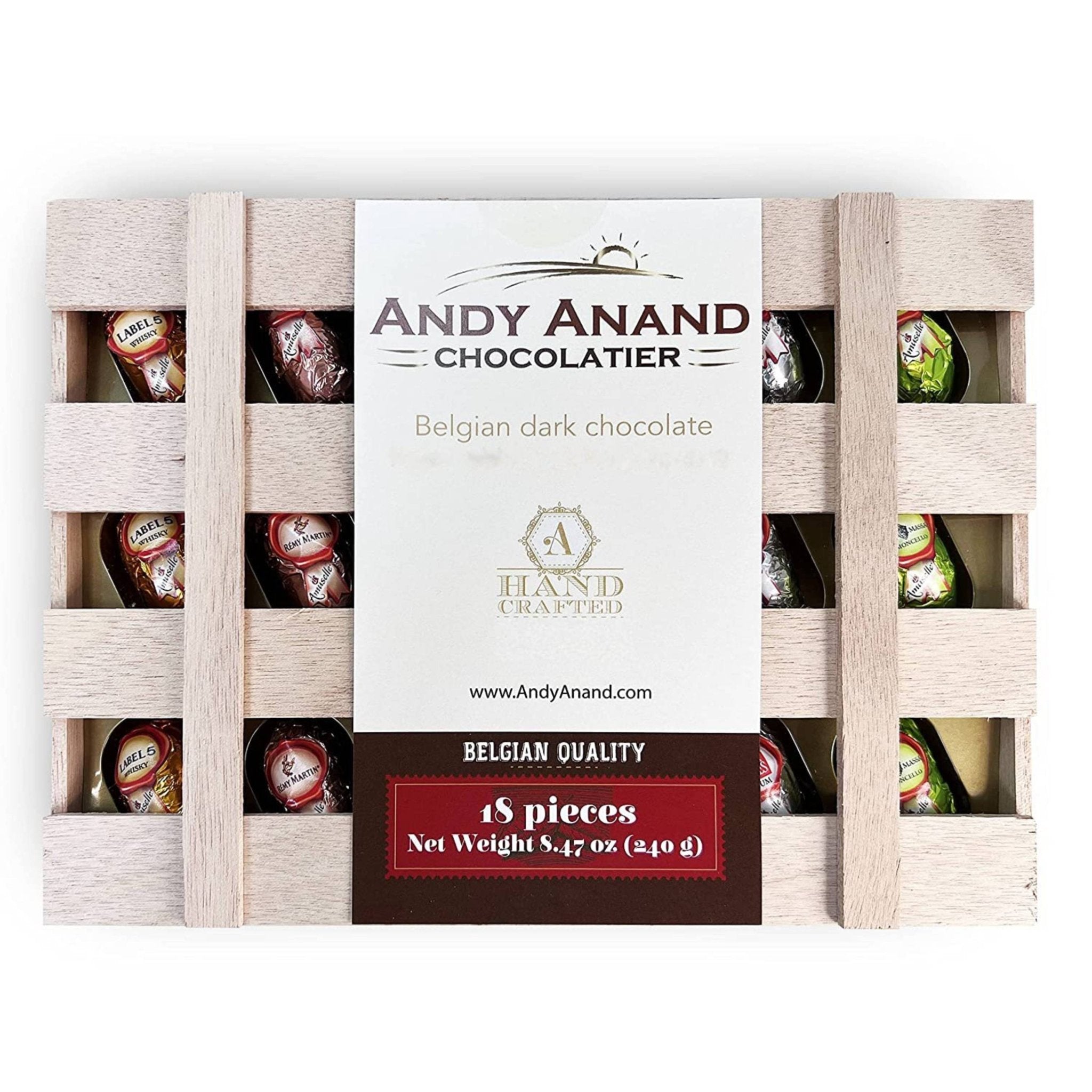 Andy Anand European Dark Chocolate Bottles with Non - Alcoholic Cordials, 18 pc, 8.74 oz – Wooden Gift Box, Birthday & Holiday Gourmet Gift