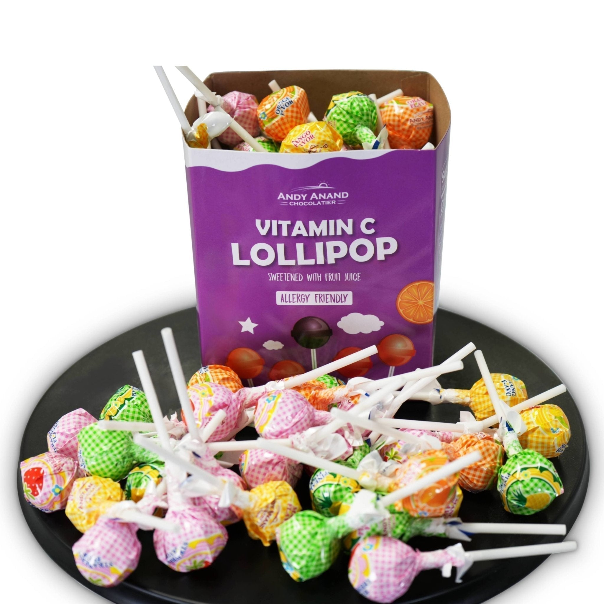 Andy Anand Sugar - Free Vitamin C Lollipops, 29 ct, 8.8 oz – Real Fruit Juice, Keto, Kids Immune Support, Birthday & Holiday Gift Box