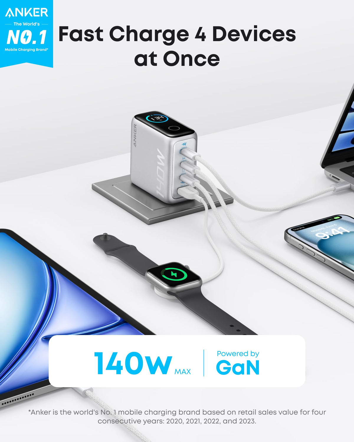 Anker Charger (140W, 4-Port, PD 3.1) with USB-C Cable - WONDERWALL
