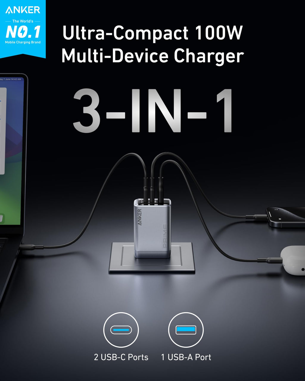 Anker Prime Charger (100W, 3 Ports, GaN) - WONDERWALL