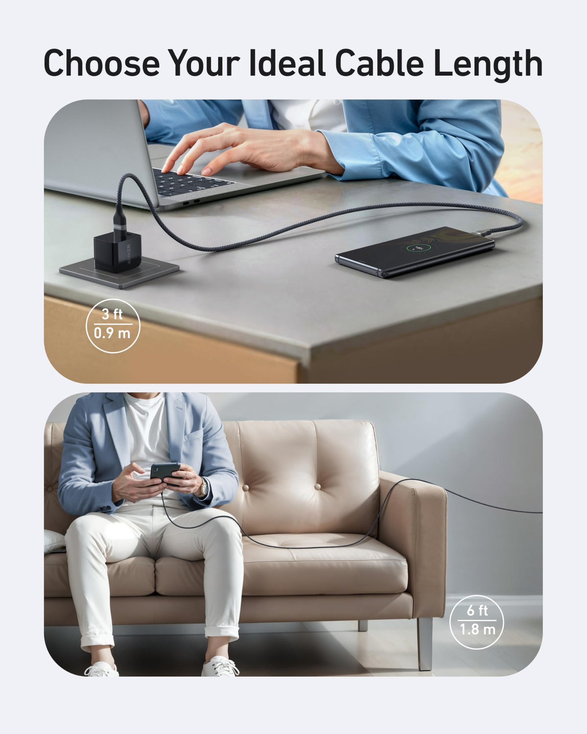 Anker USB-A to USB-C Cable (3 ft/6 ft, Upcycled-Braided) - WONDERWALL