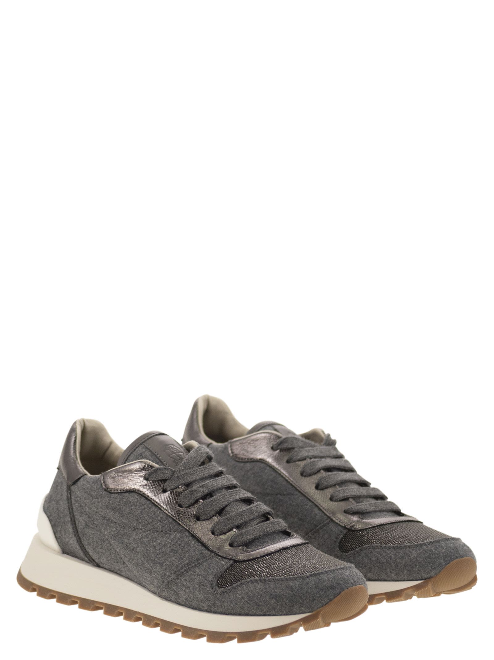 Women Runners In Virgin Wool Flannel And Lamé Calfskin With Precious Toe