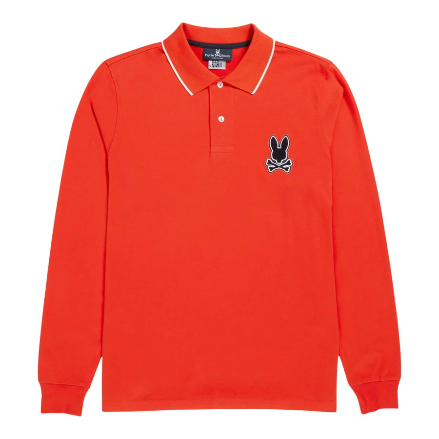 Psycho Bunny Patchin Jersey Chenille Bunny Logo Men Long Sleeve Polo Shirt Red Spice