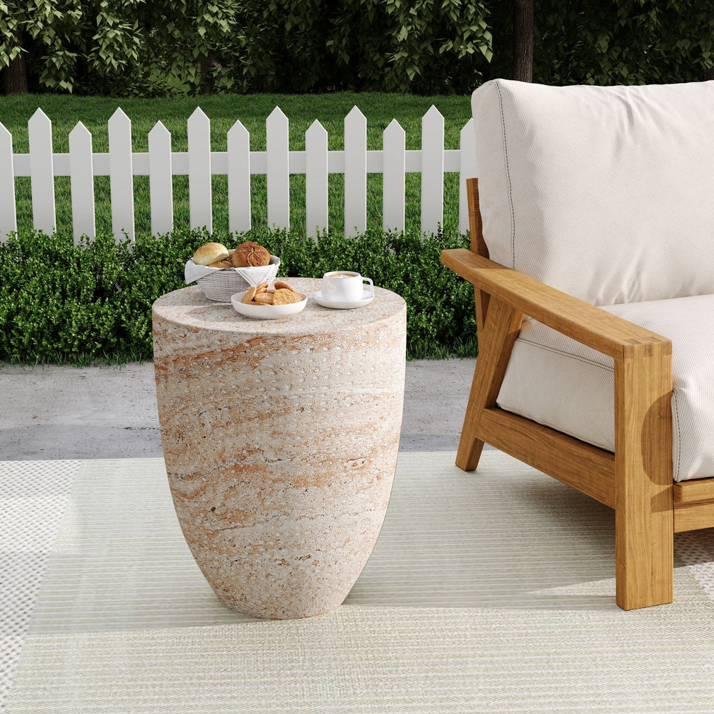 WONDERWALL 'Une Collection' Lightweight Concrete Outdoor Side Table with Travertine Finish - Beige