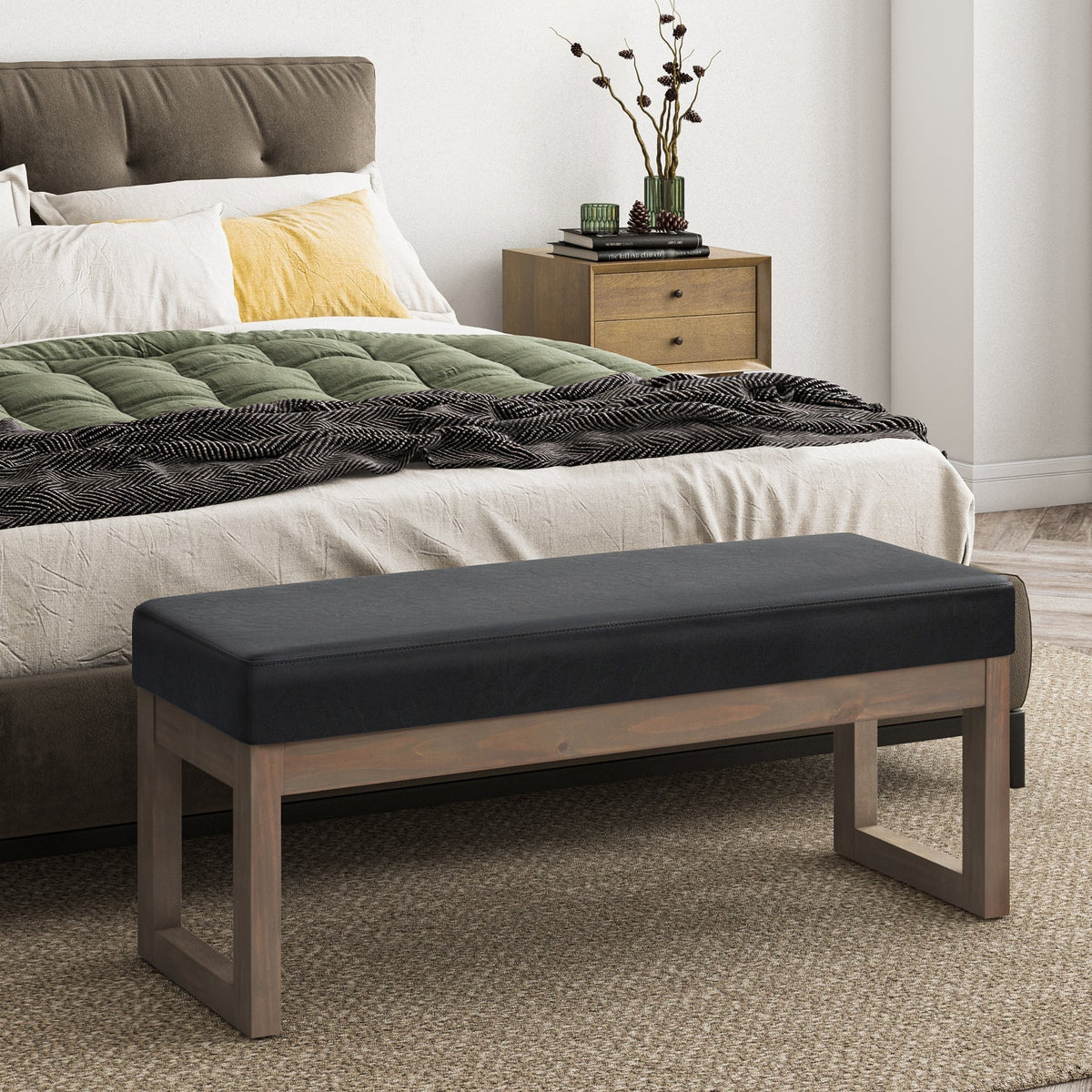 WONDERWALL 'Une Collection' Milltown Large Ottoman Bench with Solid Wood Frame - Midnight Black