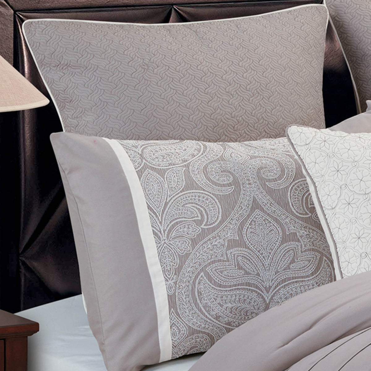 WONDERWALL 'Une Collection' Grey Damask Jacquard 9 Piece Comforter Set with Soft Fill - Grey