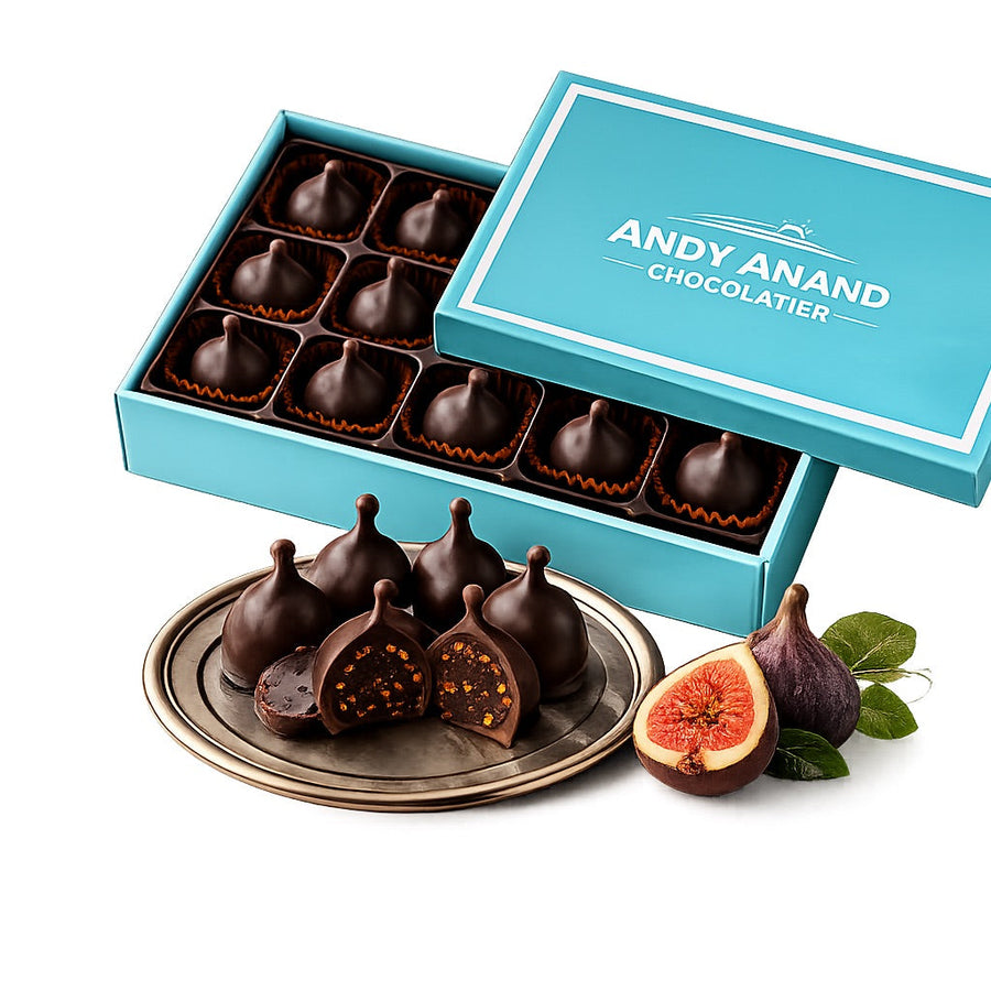 Andy Anand Vegan Belgian Dark Chocolate Figs - 24 Pc Gift Box, Premium 60% Cocoa Butter, Dairy - Free Gourmet Confection, Perfect for Birthday, Valentine’s &amp; Anniversary Gifts - Handcrafted in California