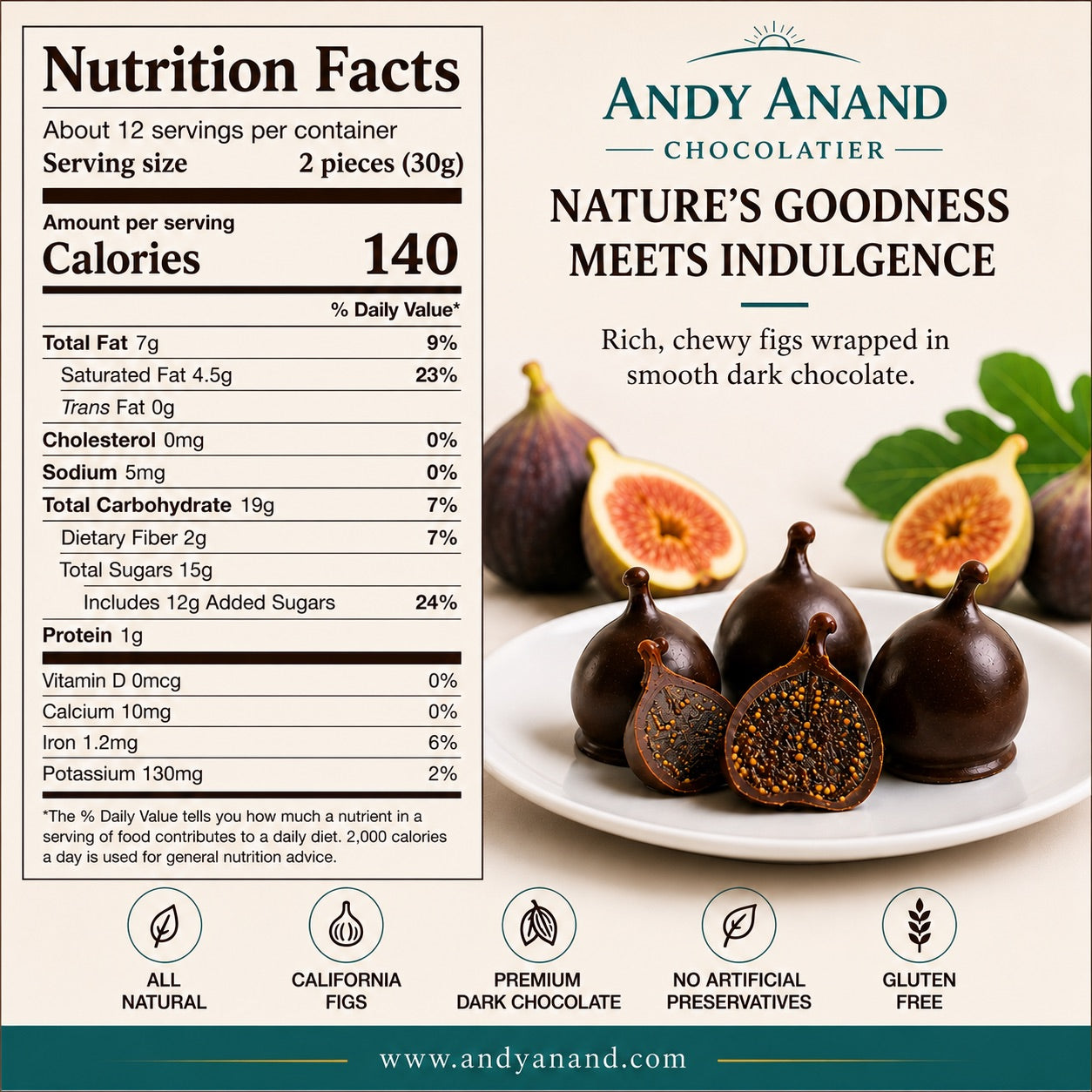 Andy Anand Vegan Belgian Dark Chocolate Figs - 24 Pc Gift Box, Premium 60% Cocoa Butter, Dairy - Free Gourmet Confection, Perfect for Birthday, Valentine’s &amp; Anniversary Gifts - Handcrafted in California