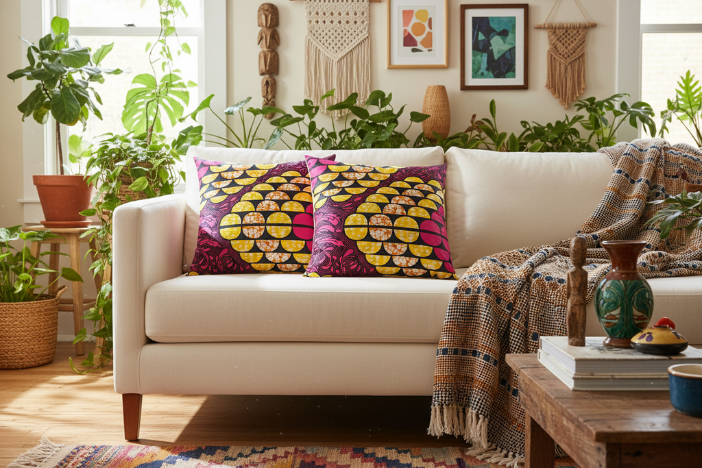 African Print Fabric Pillow Cover -Fuchsia Black Yellow