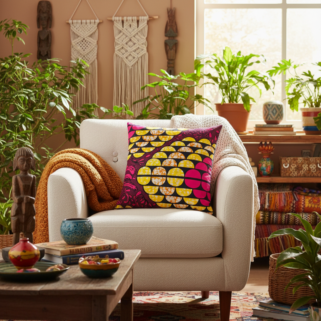 African Print Fabric Pillow Cover -Fuchsia Black Yellow