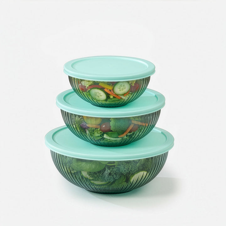 Genicook Three-Piece Glass Mixing Bowl Set with Simple Lids, Diamond Blue