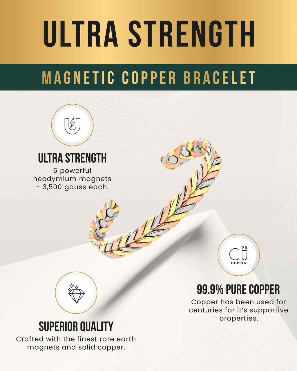 Woven Tri - Tone Magnetic Therapy Bracelet Cuff