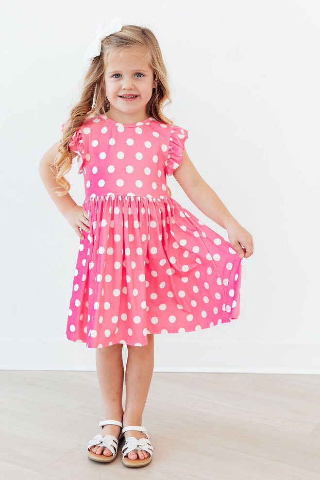 Pink Polka Dots Flutter Sleeve Twirl Dress - WONDERWALL