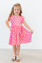 Pink Polka Dots Flutter Sleeve Twirl Dress - WONDERWALL