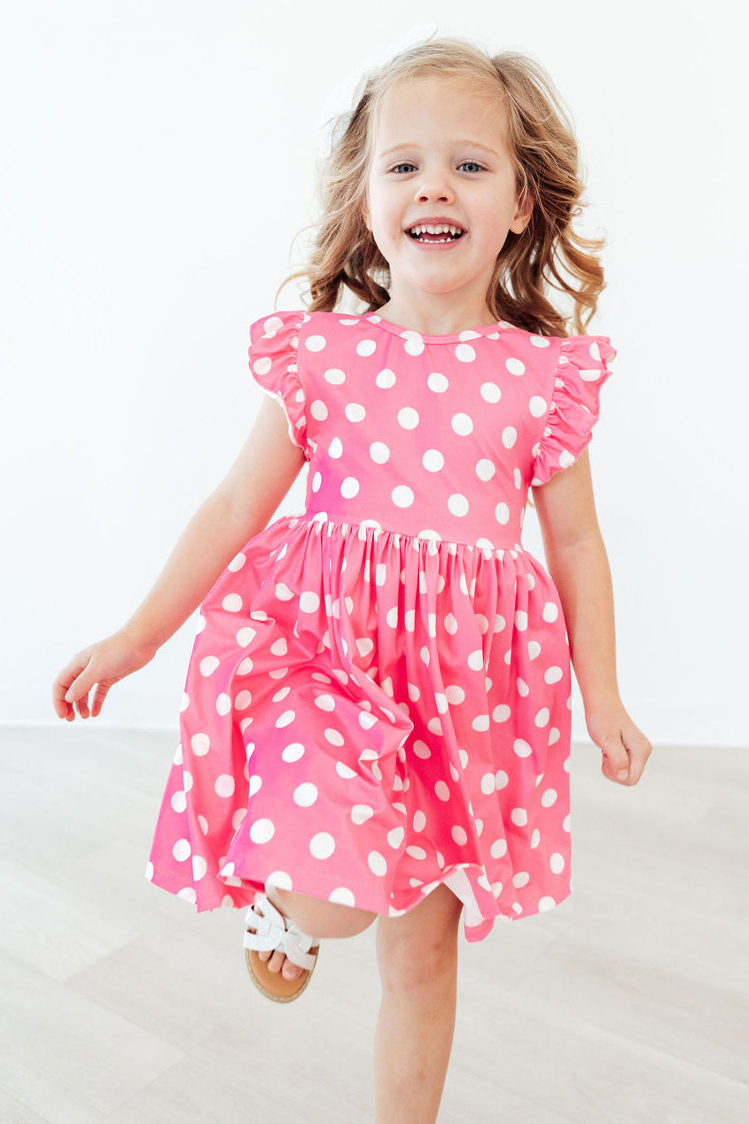 Pink Polka Dots Flutter Sleeve Twirl Dress - WONDERWALL