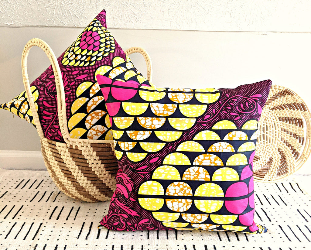 African Print Fabric Pillow Cover -Fuchsia Black Yellow - WONDERWALL