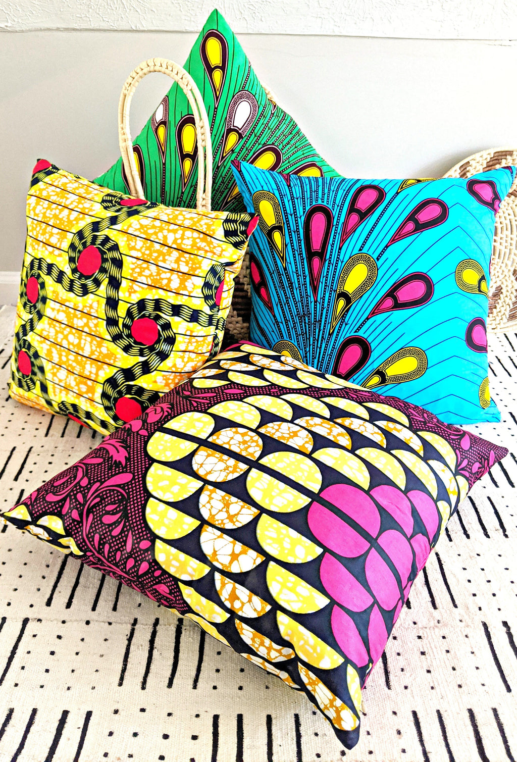 African Print Fabric Pillow Cover -Fuchsia Black Yellow - WONDERWALL
