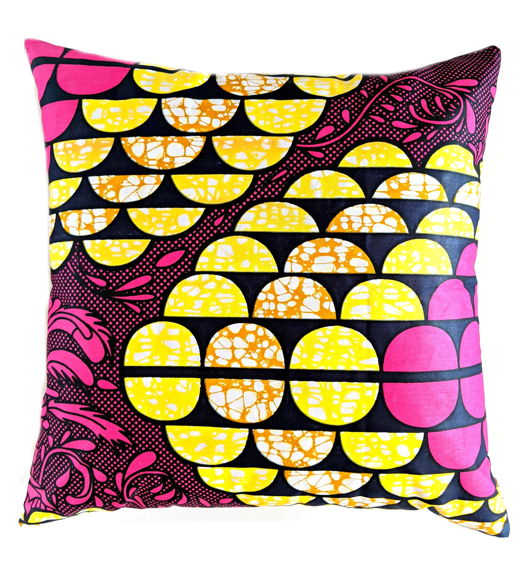 African Print Fabric Pillow Cover -Fuchsia Black Yellow - WONDERWALL