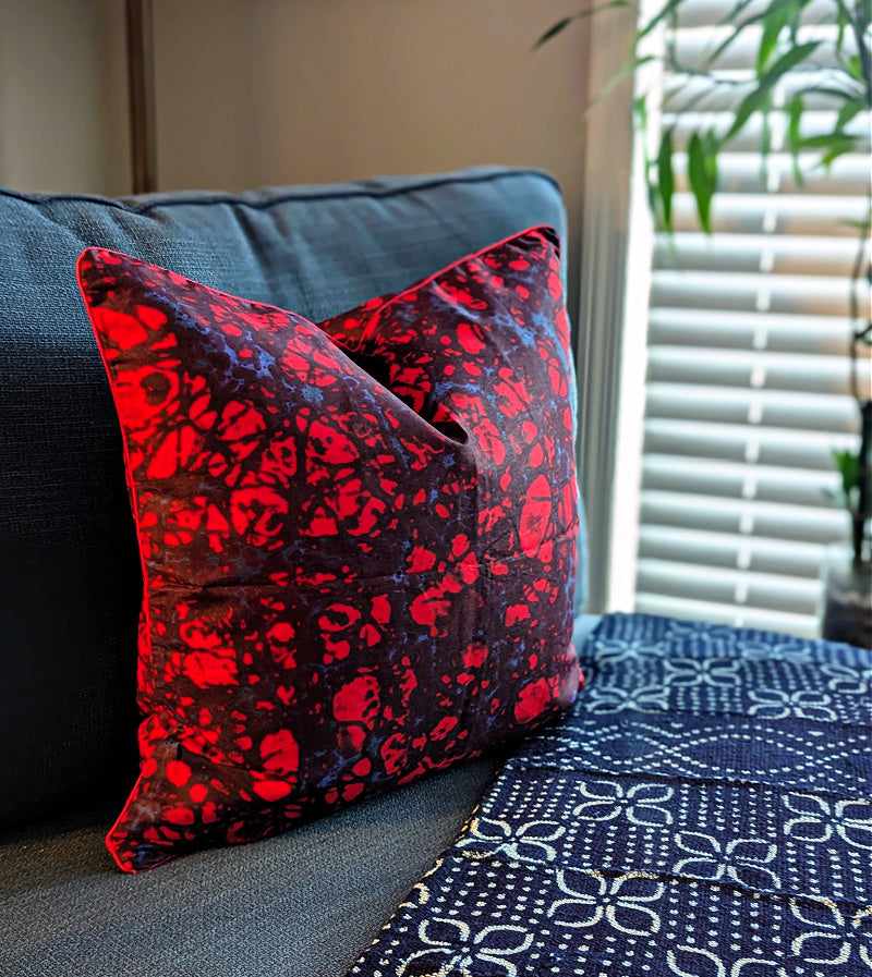 African Print Fabric Pillow Cover - Red Blue Marble - WONDERWALL
