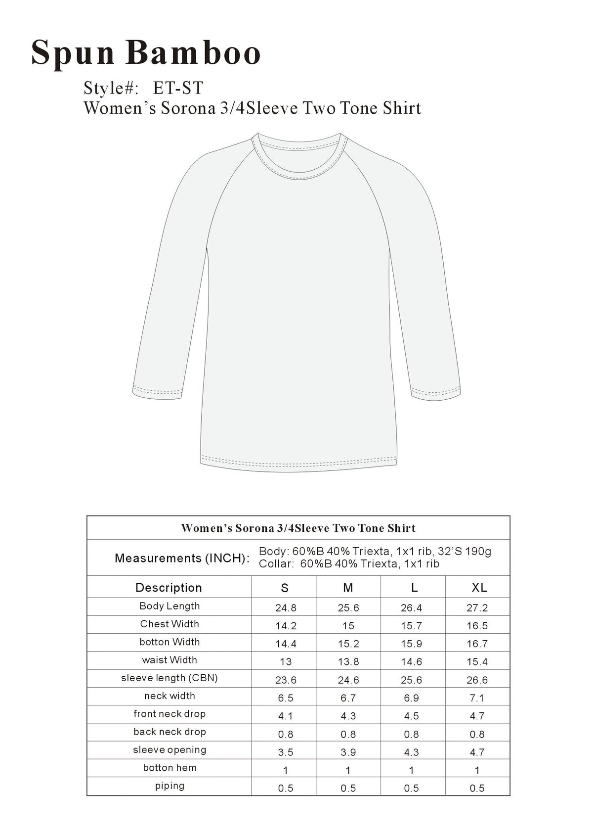 Clearance Women's Bamboo Viscose/Sorona 3/4 Sleeve T-Shirt - WONDERWALL