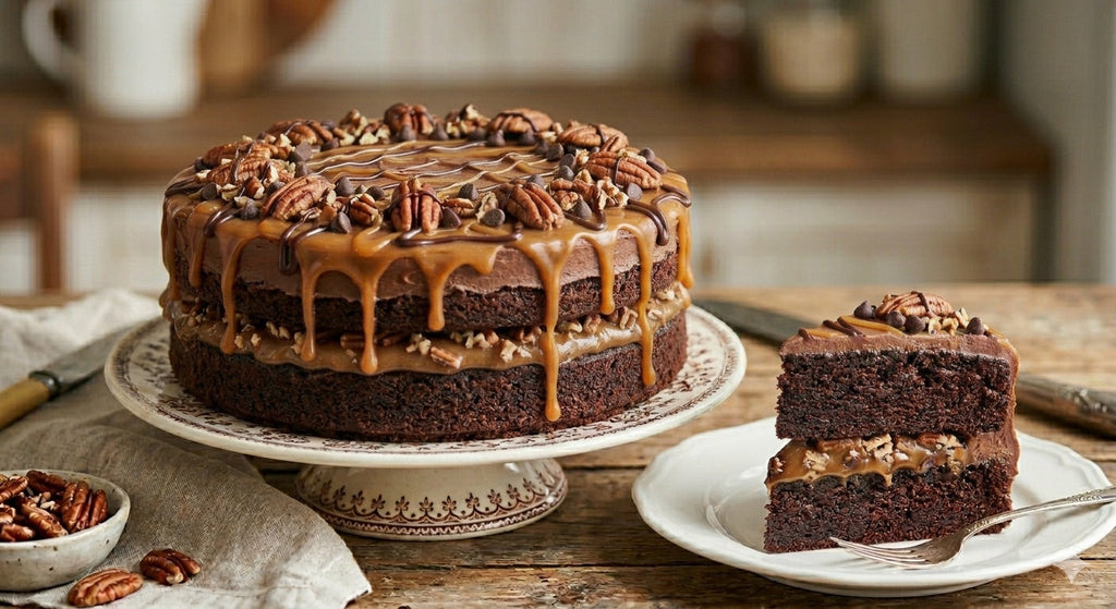 Andy Anand SUGAR - FREE TURTLE PECAN CAKE RICH CHOCOLATE, DECADENT CARAMEL &amp; TOASTED PECANS, ZERO ADDED SUGAR, 2.8 LBS: Layers of moist dark chocolate cake, buttery caramel filling, and premium roasted pecans.