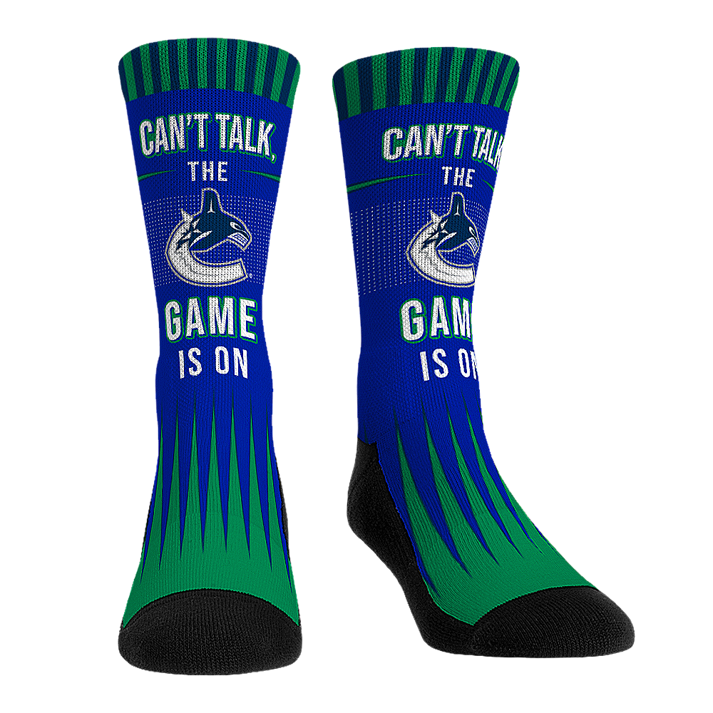 Vancouver Canucks Can't Talk crew socks, front view of pair