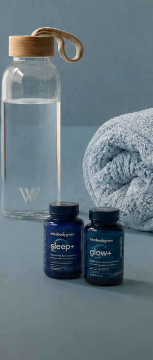 WonderWall wellness edit featuring water bottle, supplements, and blue towel