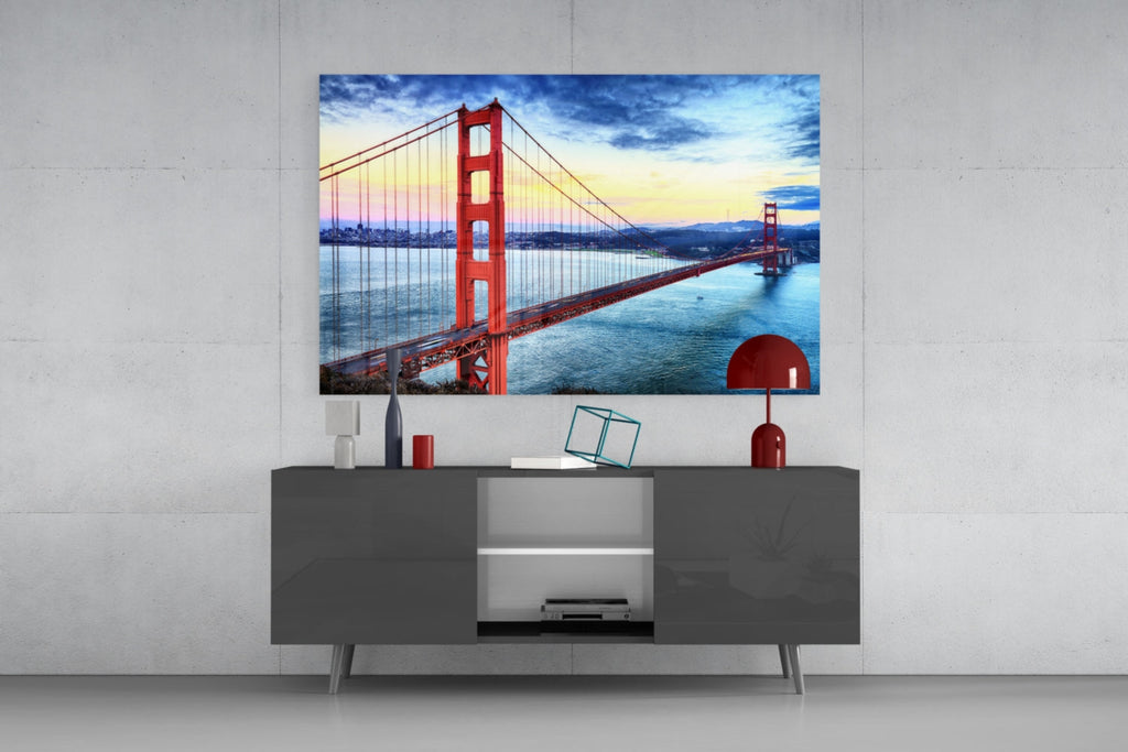 WONDERWALL ‘L’Atelier Fun Collection’ Golden Gate Bridge at Dusk Over Bay Glass Wall Art