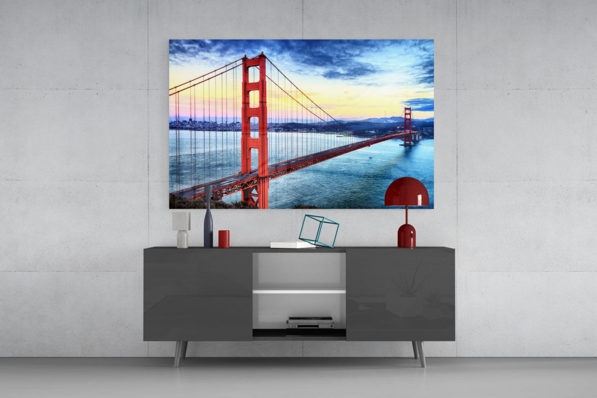 WONDERWALL ‘L’Atelier Fun Collection’ Golden Gate Bridge at Dusk Over Bay Glass Wall Art