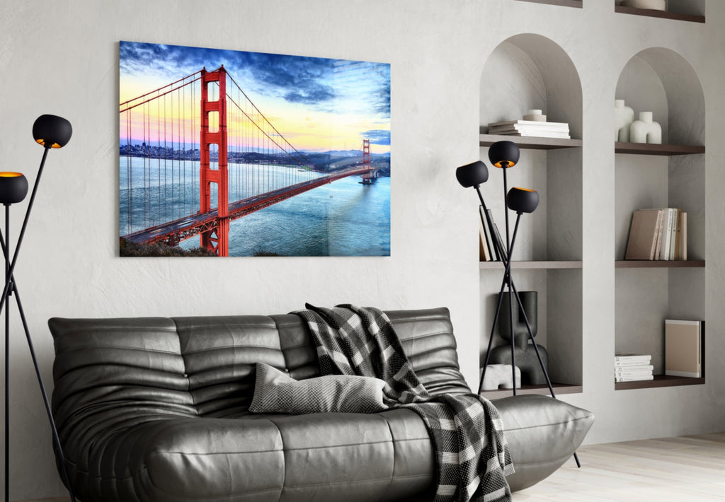 WONDERWALL ‘L’Atelier Fun Collection’ Golden Gate Bridge at Dusk Over Bay Glass Wall Art