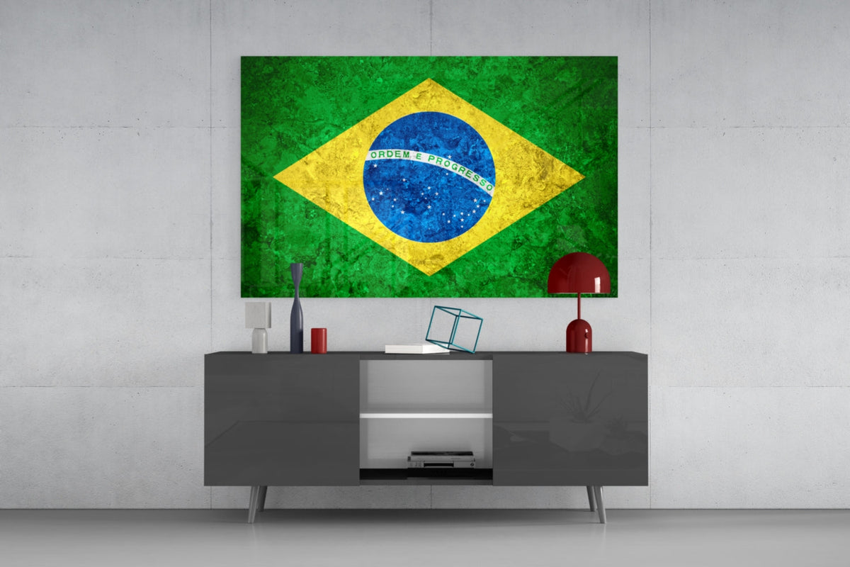WONDERWALL ‘L’Atelier Fun Collection’ Brazil Flag Stone-Texture Design Glass Wall Art